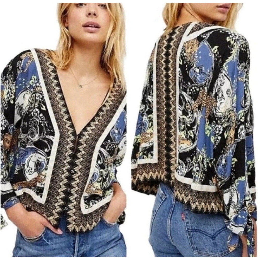 Free People Women S Kimono Top Black Mixed Leopard Print Boho Festival Blouse